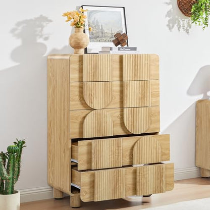 Fluted 5 Drawers Dresser for Bedroom, 46" Tall Dressers & Chest of Drawers w/Curved Profile Design, Wood Mid Century Modern Vertical Storage Dressers Organizer for Living Room, Hallway, Natural Oak