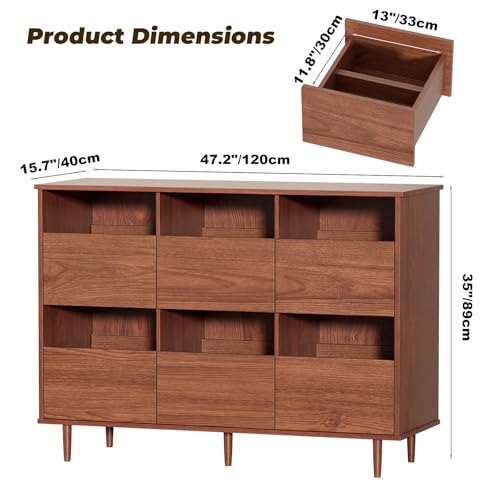 47.2" Large Record Player Stand, Vinyl Record Storage Cabinet,Brown | Fit 7“/10"/12" Vinyl Record, Mid Century Turntable Stand, Media Cabinet with 6 DVD Drawers for Living Room, Music Corner