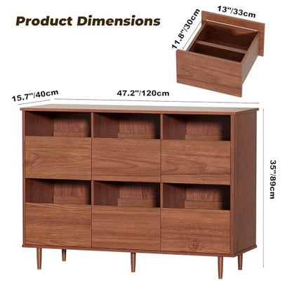 47.2" Large Record Player Stand, Vinyl Record Storage Cabinet,Brown | Fit 7“/10"/12" Vinyl Record, Mid Century Turntable Stand, Media Cabinet with 6 DVD Drawers for Living Room, Music Corner