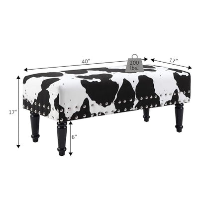 Designs4Comfort Cow Print Bench Ottoman 40" - Farmhouse, Rustic Wide Upholstered Footstool & Seat, for Living Room, Bedroom, Hallway & Entryway, Black Fabric