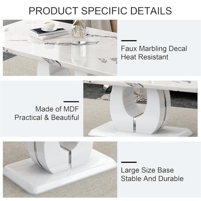 43" Rectangle Modern Faux Marble Coffee Table for Living Room, White | 1.4" Thick Top, Rectangular MDF Wood Center Table for Apartment, U-shaped Pedestal Base, Easy Assembly, Scratch Resistance
