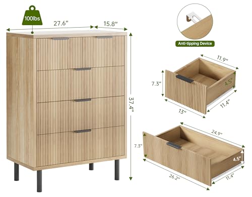 Fluted 5-Drawer Dresser with Metal Legs, Oak