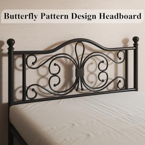Full Bed Frame with Butterfly Pattern Design Headboard & Headboard, Black
