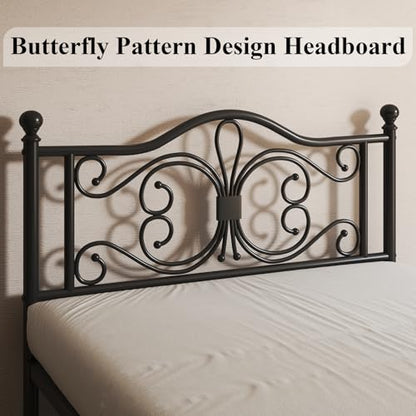 Full Bed Frame with Butterfly Pattern Design Headboard & Headboard, Black