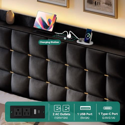 King Size Bed Frame, 4 Drawers and RGB LED Light,Charging Station