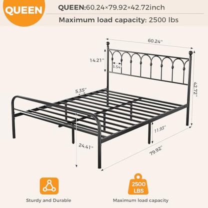 Queen Bed Frame with Headboard, Victorian Metal Platform Bed Frame, Mattress Foundation with Steel Slat Support, Stable & No Noise, Under Foundation Storage, No Box Spring Needed, Easy Assembly