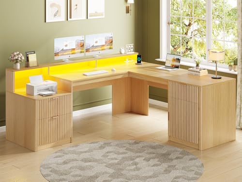 66" Modern L Shaped Desk with Drawers, Fluted Home Office Desk with File Cabinet and Printer Shelf, Wood Executive Desk with Monitor Stand, Power Outlets, Led Lights, Oak
