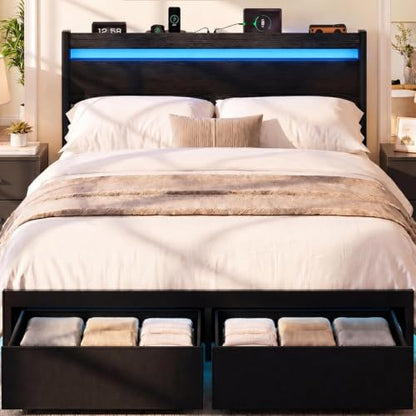 Queen Bed Frame with Drawers, Platform Bed with LED Lights & Charging Station, Wood Headboard, Strong Metal Slats Support, No Box Spring Needed, Noise Free, Easy Assembly