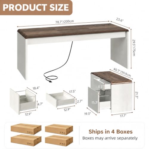 78.7 Inch Large L Shaped Desk with Drawers, White & Walnut, 2 Pack