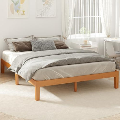 Solid Wood Platform Queen Bed Frame, 12inch Wooden Mattress Foundation with Sturdy Wood Slat Support, No Box Spring Needed, Under Bed Storage, Natural Pine