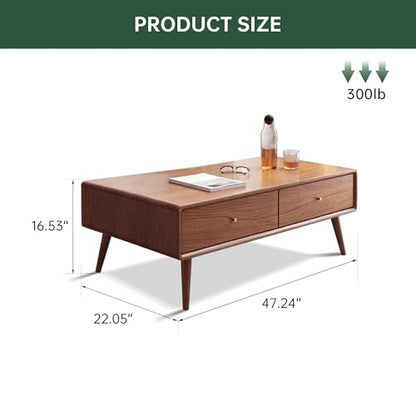 100% Oak Wood Coffee Table, Mid Century Modern Living Room Table | Coffee Table with 4 Drawers and Storage Shelf, Oak Wood Furniture for Home, 47.24''
