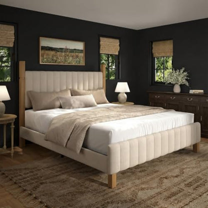 Queen Bed Frame with Headboard, Solid Wood Bed Frame Queen Size, Platform Bedframe Noise Free, No Box Spring Needed, Beige Linen
