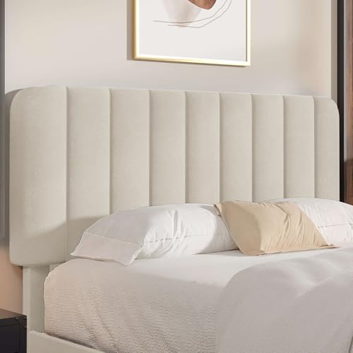 Queen Size Bed Frame with Upholstered Headboard, Velvet Platform Bedframe Mattress Foundation, Strong Wood Slat Support, No Box Spring Needed,Bone Beige
