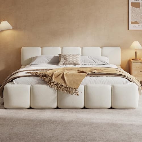 California King Boucle Platform Bed, Headboard and Footboard, White