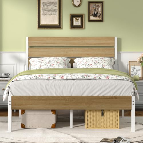 Full Size Bed Frame - Heavy-Duty Metal Platform with Wood Headboard, No Box Spring Needed, Natural Wood