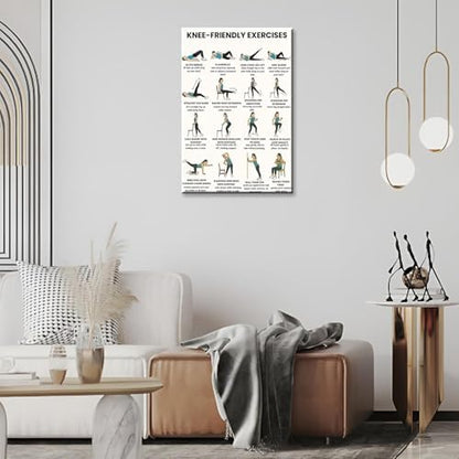 Knee-Friendly Low Impact Workout Poster, 16 Illustrated Joint-Safe Leg & Core Training Chart, Chair Supported Gentle Exercise Reference for Sensitive Knee Rehabilitation & Senior Home Fitness(8x12inchs，Unframed)