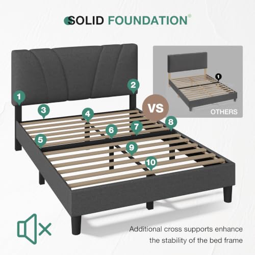 Queen Size Bed Frame Upholstered Queen Bed Frame with 3-Height Adjustable Headboard, Strong Weight Capacity, No Box Spring Needed, Easy Assembly, Grey