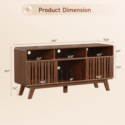 59"Large Vinyl Record Cabinet with Built-in Charging Station,Walnut | Mid Century Modern TV Stand for TVs up to 65", Record Player Table Holds 500+ Vinyl Records, Turntable Stand for Living room