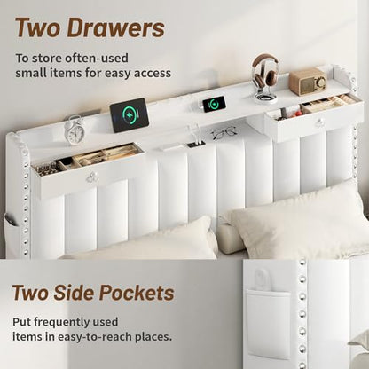 Queen Bed Frame with Headboard ＆ 4 Storage Drawers & White Gift