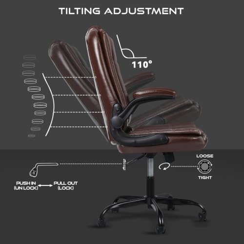 Ergonomic Office Chair with Flip-up Armrests, Big and Tall Leather Executive Office Chair, High Back Lumbar Support Home Computer Desk Chair, Heavy and Duty Computer Chair (Brown)