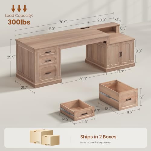 Farmhouse 70.9" Executive Desk, Home Office Desk with File Drawers and Storage Cabinet, Computer Desk with Power Outlet for Home Office, Work Study Writing, Oak