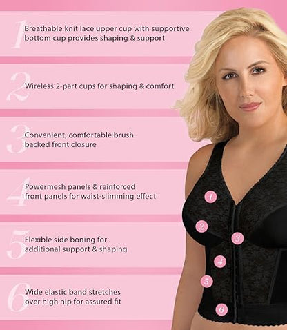 Exquisite Form 5107565 Fully Slimming Wireless Back & Posture Support Longline Bra with Front Closure & Lace