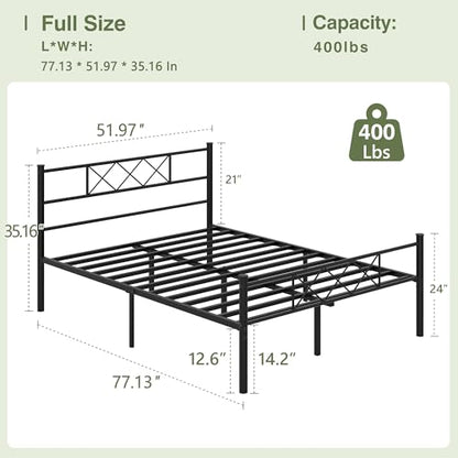 Full Size Bed Frame with Headboard, Heavy Duty Bedframe with Strong Metal Slats, No Box Spring Needed & Easy Assembly, Matte Black
