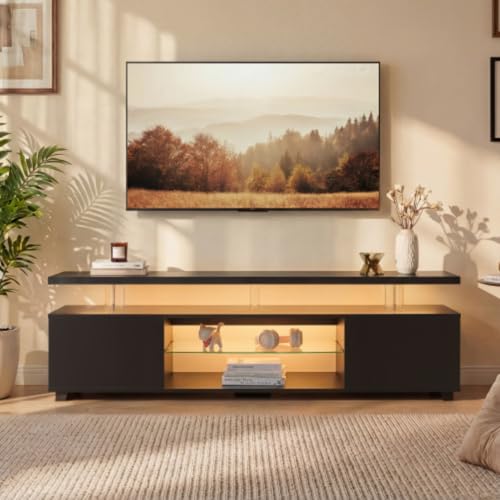 Black TV Stand,LED for Living Room,Glass Entertainment Center TV Stand, TV Console Tables for Living Room,Bedroom,Home Office (White)