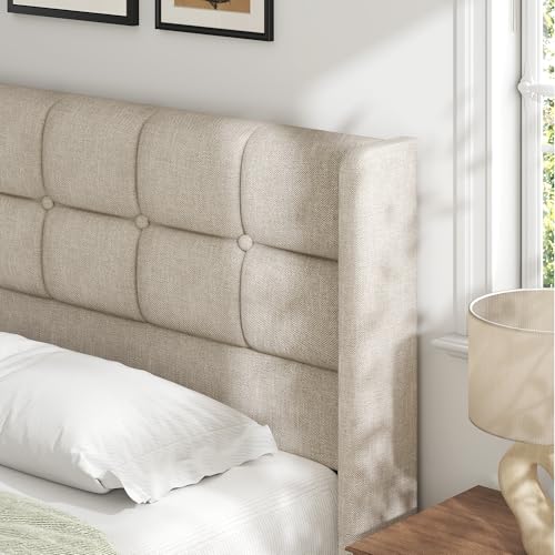 King Size Lift Up Storage Bed Frame, Linen Upholstered King Platform with Button Tufted Wingback Headboard and Under-Bed Storage, Hydraulic Support, No Box Spring Needed, Noise Free, Beige