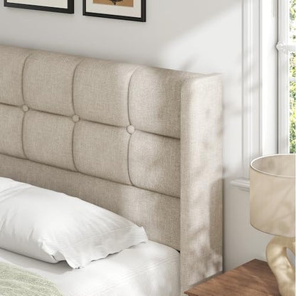 King Size Lift Up Storage Bed Frame, Linen Upholstered King Platform with Button Tufted Wingback Headboard and Under-Bed Storage, Hydraulic Support, No Box Spring Needed, Noise Free, Beige