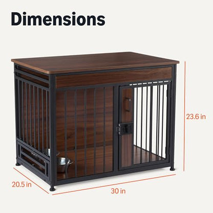 Furniture Style Dog Crate, Sturdy Wooden Pet Kennel, End Table with Space for Pet, Two Bowls Included, 30" x 20.4" x 23.6", Walnut