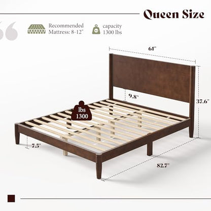 Solid Wood Queen Bed Frame, Mid Century Bed with Headboard, Walnut