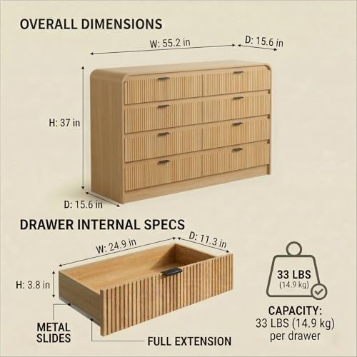 Fluted 8 Drawers Dresser for Bedroom, 55" Wide Wooden Dresser with Metal Handle, Curved Profile Design, Modern Storage Organizer for Bedroom, Living Room, Hallway, Natural Oak