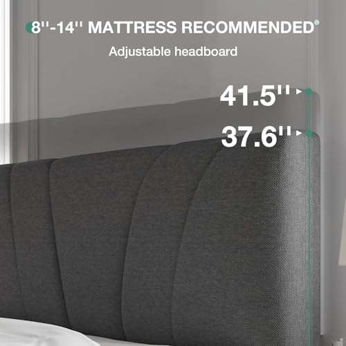 Queen Size Bed Frame Upholstered Queen Bed Frame with 3-Height Adjustable Headboard, Strong Weight Capacity, No Box Spring Needed, Easy Assembly, Grey