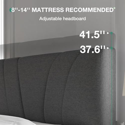Queen Size Bed Frame Upholstered Queen Bed Frame with 3-Height Adjustable Headboard, Strong Weight Capacity, No Box Spring Needed, Easy Assembly, Grey