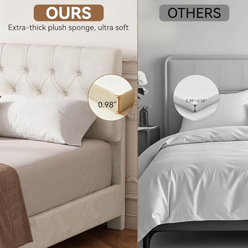 Queen Upholstered Bed Frame, White Velvet Cloud Platform Bed