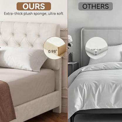 Queen Upholstered Bed Frame, White Velvet Cloud Platform Bed