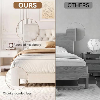 Queen Upholstered Bed Frame, White Velvet Cloud Platform Bed
