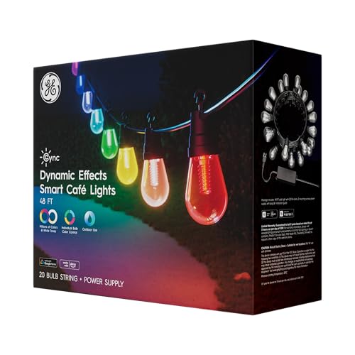 GE Dynamic Effects Smart Cafe Lights, Color Changing Patio String Lights, Compatible with Alexa and Google, 48ft