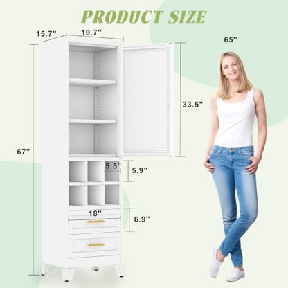 Tall Storage Cabinet with Door, Drawers & Wine Rack, Freestanding White Pantry Cupboard with Golden Handles, Modern Display Cabinet for Kitchen Living Room (White)