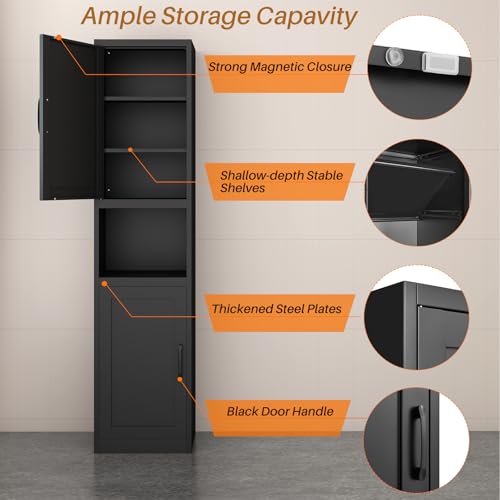 67" Tall Slim Pantry Cabinet, Narrow Bathroom Storage Cabinet | Metal Skinny Cabinet with Door and Adjustable Shelves, for Small Spaces, Kitchen, Bathroom, Laundry Room, Living Room, Black