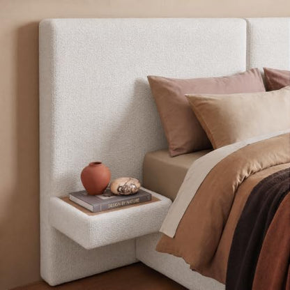 Queen Bed Frame, Upholstered Platform Bed Frame with Large Curved Headboard & 2 Floating Shelves, Noise-Free, No Box Spring Needed, Easy Assembly, Beige