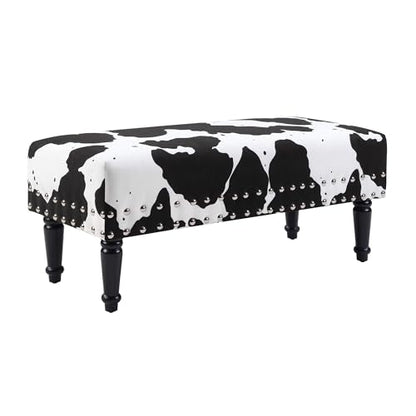 Designs4Comfort Cow Print Bench Ottoman 40" - Farmhouse, Rustic Wide Upholstered Footstool & Seat, for Living Room, Bedroom, Hallway & Entryway, Black Fabric