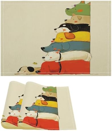 Stacked Dogs Colorful Linen Placemats Set of 2PCS, Heat Resistant Non-Slip Washable Table Placemats for Dining Everyday Use Hotel Banquet Home Decor