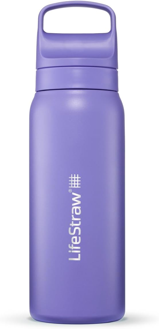 LifeStraw Go Series – Insulated Stainless Steel Water Filter Bottle for Travel and Everyday Use, Removes Bacteria, Parasites and Microplastics, Improves Taste, 24oz Thistle Purple