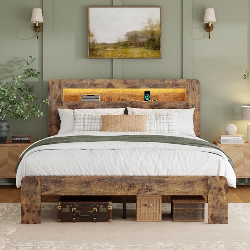 Queen Wood Bed Frame with Storage Headboard and Charging Station