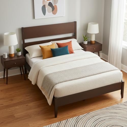 Queen Size Rubber Wood Bed Frame with Tall Headboard, Dark Brown
