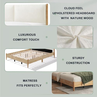 Raven Modern California King Size Bed Frame with Upholstered Headboard, Natural Wood California King Size Platform Bed Frame, No Box Spring Needed, Easy Assembly, White+Natural