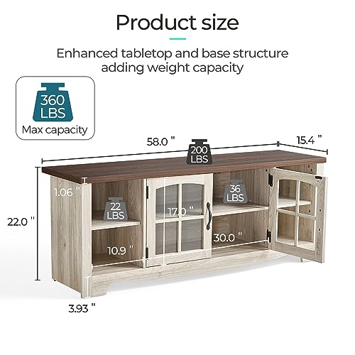 Farmhouse TV Stand for 65 Inch TV, Wood Entertainment Center with Glass Door Storage Cabinet & Adjustable Shelves, Large Sturdy TV Console Table for Living Room Bedroom