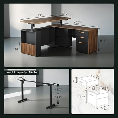 63" Standing Desk with File Cabinet, Privacy Panel, AC/USB, 1.18" Desktop, Executive L Shaped Height Adjustable Electric Stand Up Desk, Home Office Table with 3 Drawers, Black Walnut
